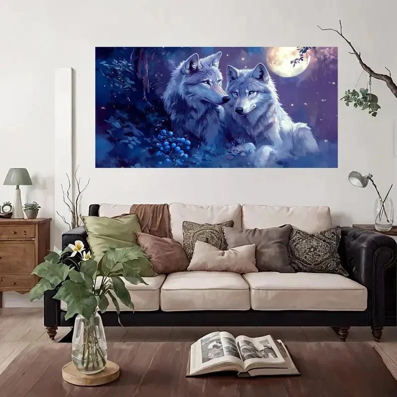 Moon Wolf Couple Wall Art Canvas Office Home Room Framed 120x60cm
