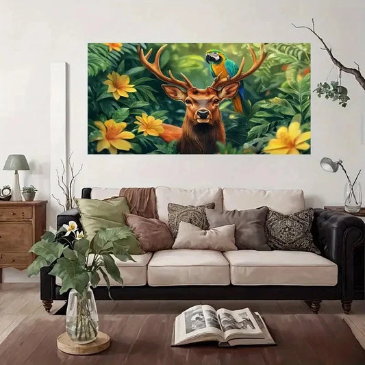 Antler Forest Parrot Floral Wall Art Canvas Office Home Room Framed 80x45cm
