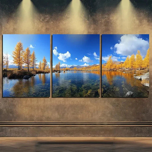 3pcs Golden Trees & Clear Blue Sky Perfect Wall Art Set Canvas Framed 40x60cm - High Quality Print 100% Australian Made Wall Canvas Ready to Hang