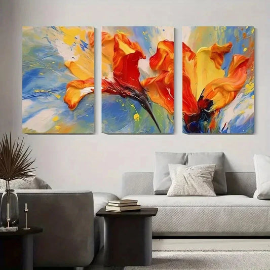 3pcs Abstract Floral Burst Vibrant Orange, Red Metal Print Ready to Hang Art