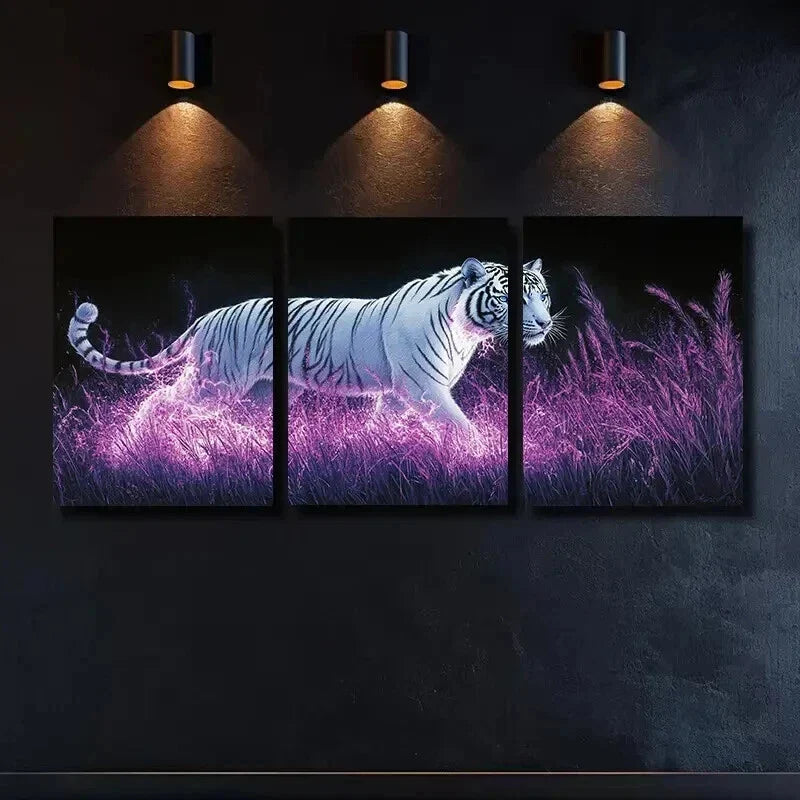 3pcs White Tiger on Neon Grass Decor Wall Art Set Canvas Framed 40x60cm - High Quality Print 100% Australian Made Wall Canvas Ready to Hang