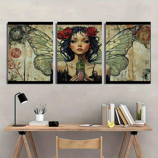 3pcs Green Fairy with Roses & Absinthe Metal Print Ready to Hang Art