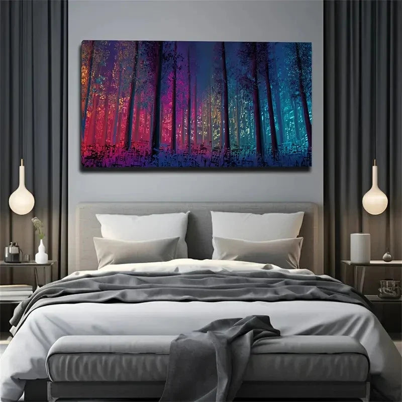 Vibrant Neon Colorful Forest Wall Art Canvas Office Home Room Framed 80x45cm