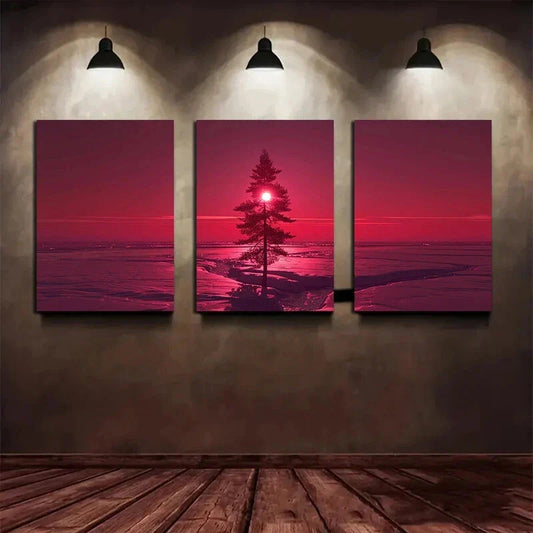 3pcs Red Winter Pine Tree Sunset Metal Print Ready to Hang Art