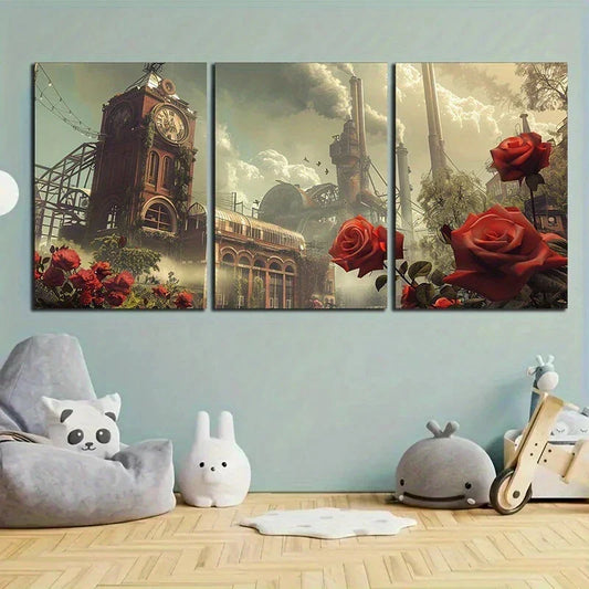 3pcs Red Roses Big Tower White Clouds Metal Print Ready to Hang Art