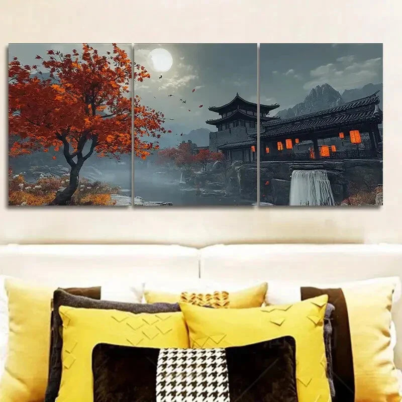 3pcs Chinese Style Architecture Nature Perfect Wall Art Set Canvas Framed 40x60cm - High Quality Print 100% Australian Made Wall Canvas Ready to Hang