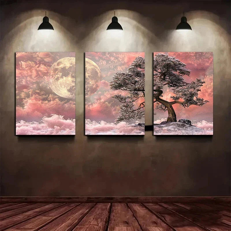 3pcs Artistic Creativity Moon Light Tree Metal Print Ready to Hang Art