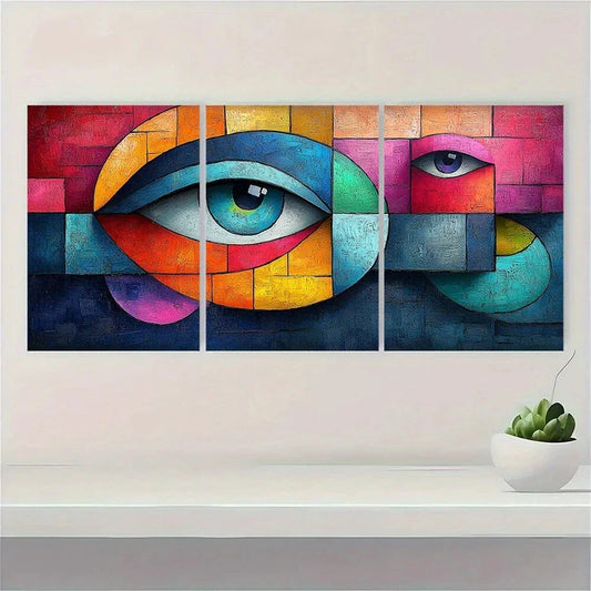 3pcs Vibrant Cubist Abstract Oil Painting Colorful Metal Print Ready to Hang Art