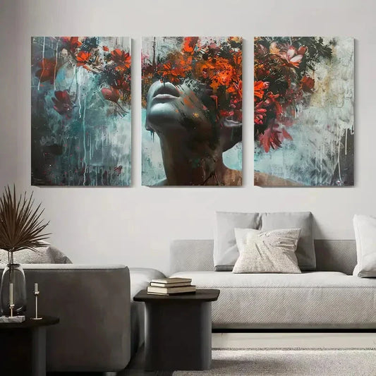 3pcs Abstract Human Face with Floral Metal Print Ready to Hang Art