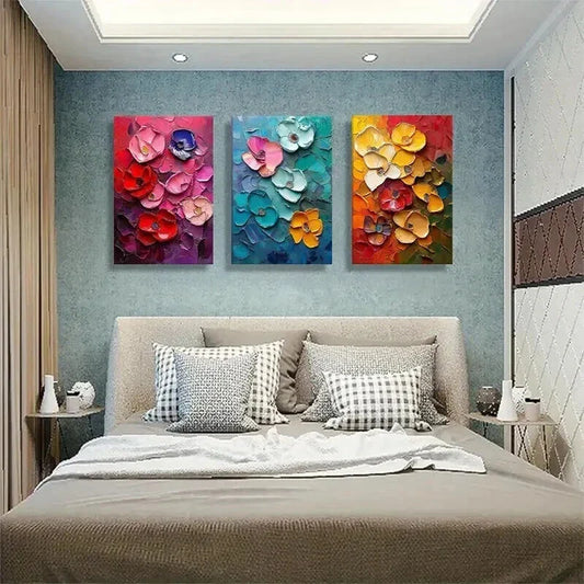 3pcs Vibrant Multi-Color Blossoms with Textured Wall Art Set Canvas Framed 40x60cm - High Quality Print 100% Australian Made Wall Canvas Ready to Hang