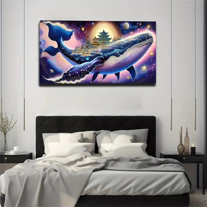 Whimsical Whale & Eastern Temp Wall Art Canvas Office Home Room Framed 80x45cm