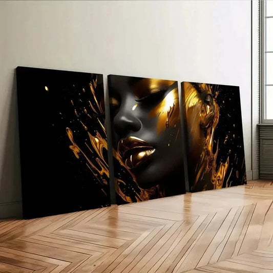 3pcs Modern Art Beautiful Golden Lips and Eyes Wall Art Set Canvas Framed 40x60cm - High Quality Print 100% Australian Made Wall Canvas Ready to Hang