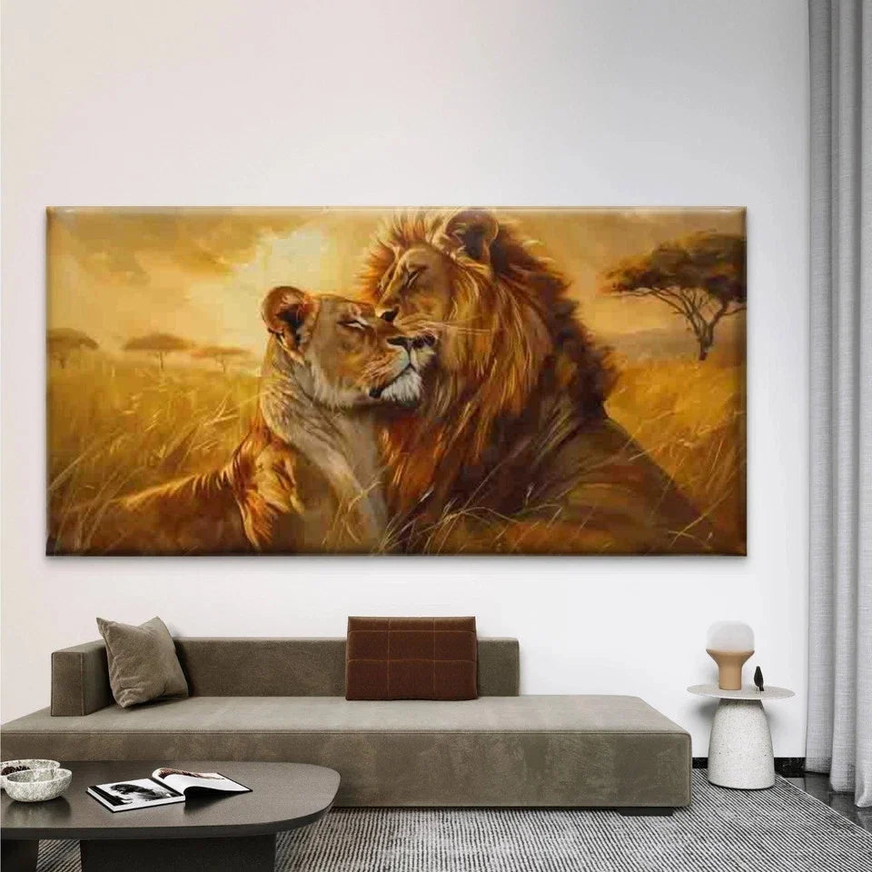 Lion & Lioness Savannah African Wall Art Canvas Office Home Room Framed 80x45cm