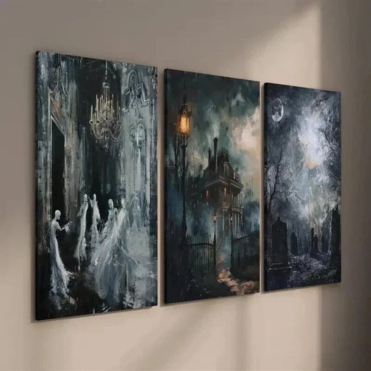 3pcs Retro Haunted Halloween Mansion Wall Art Set Canvas Framed 40x60cm - High Quality Print 100% Australian Made Wall Canvas Ready to Hang