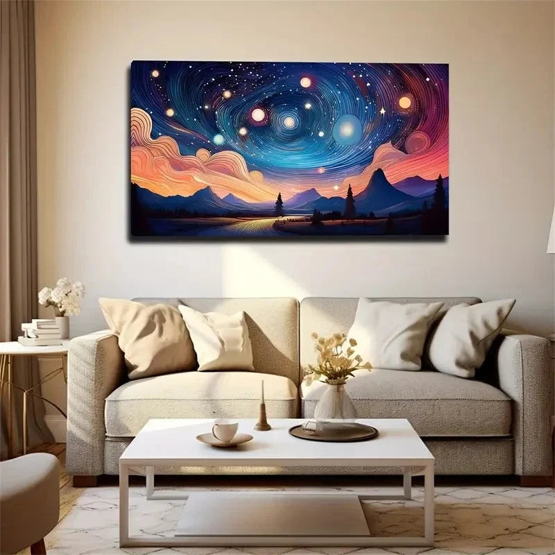 Vibrant Cosmic Landscape Night Wall Art Canvas Office Home Room Framed 80x45cm