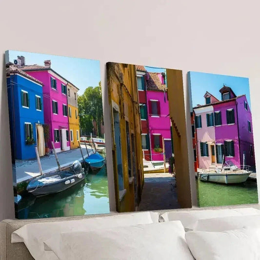 3pcs Colorful Venice Burano Island Canal Scene Wall Art Set Canvas Framed 40x60cm - High Quality Print 100% Australian Made Wall Canvas Ready to Hang
