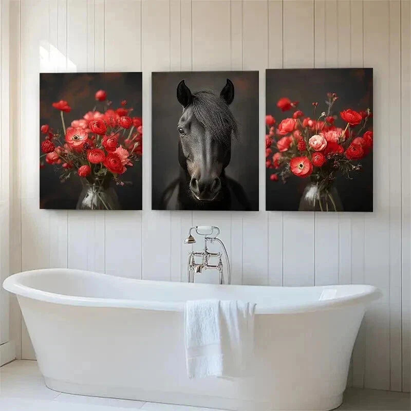 3pcs Majestic Black Horse and Red Floral Perfect Wall Art Set Canvas Framed 40x60cm - High Quality Print 100% Australian Made Wall Canvas Ready to Hang