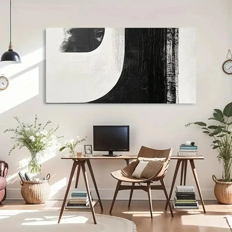 Bold Black & White Abstract Wall Art Canvas Office Home Room Framed 80x45cm