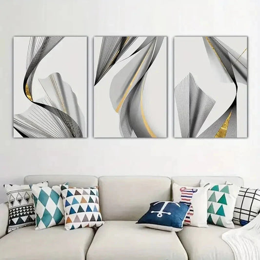 3pcs Black and Golden Lines, Minimalist Metal Print Ready to Hang Art