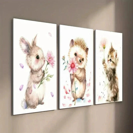 3pcs Rabbit Hedgehog Kitten Holding Flowers Wall Art Set Canvas Framed 40x60cm - High Quality Print 100% Australian Made Wall Canvas Ready to Hang