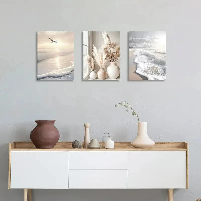 3pcs Modern White Floral Golden Leaves Metal Print Ready to Hang Art