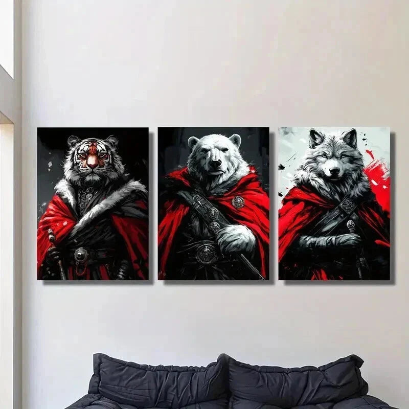 3pcs Cloaked Tigers Bears and Wolves Wall Art Set Canvas Framed 40x60cm - High Quality Print 100% Australian Made Wall Canvas Ready to Hang