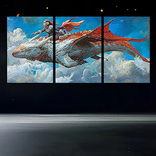 3pcs Dragon Knight Red & White Metal Print Ready to Hang Art