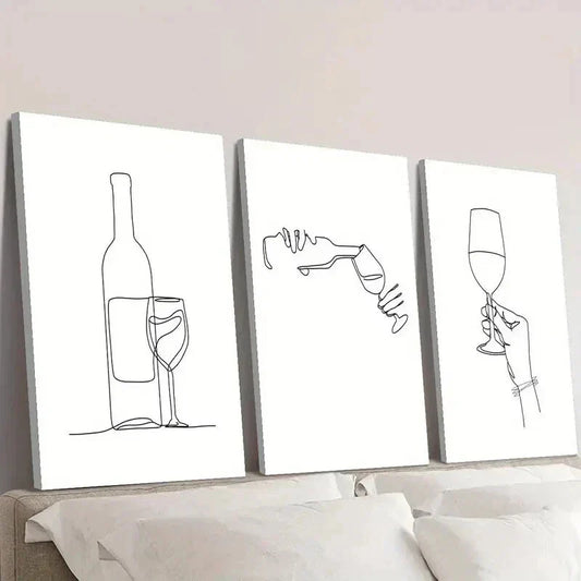 3pcs Minimalist Wine Bottle and Wine Glass Wall Art Set Canvas Framed 40x60cm - High Quality Print 100% Australian Made Wall Canvas Ready to Hang