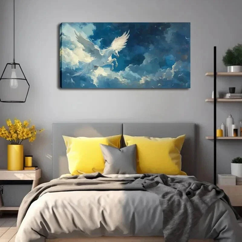 Majestic White Horse with Wings Wall Art Canvas Office Home Room Framed 120x60cm