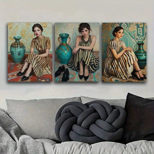 3pcs Featuring a Vintage-Style Girl, Metal Print Ready to Hang Art