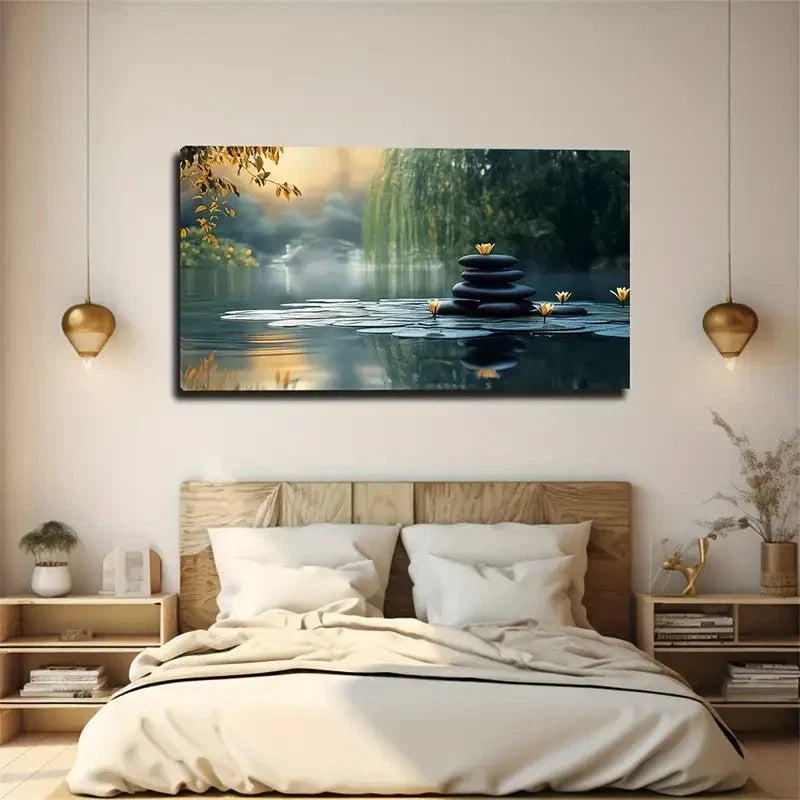 Sunlit Trees & Lotus Flowers Wall Art Canvas Office Home Room Framed 120x60cm