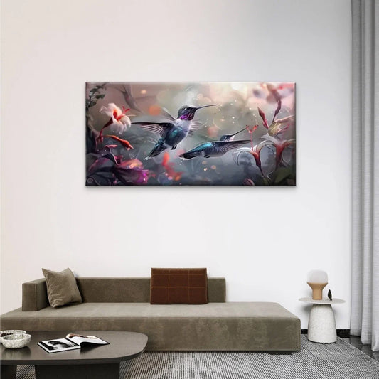 Hummingbirds Flowers Nature Wall Art Canvas Office Home Room Framed 80x45cm
