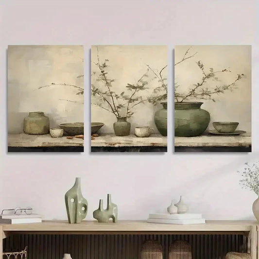 3pcs Modern Minimalist Still Green Ceramic Metal Print Ready to Hang Art