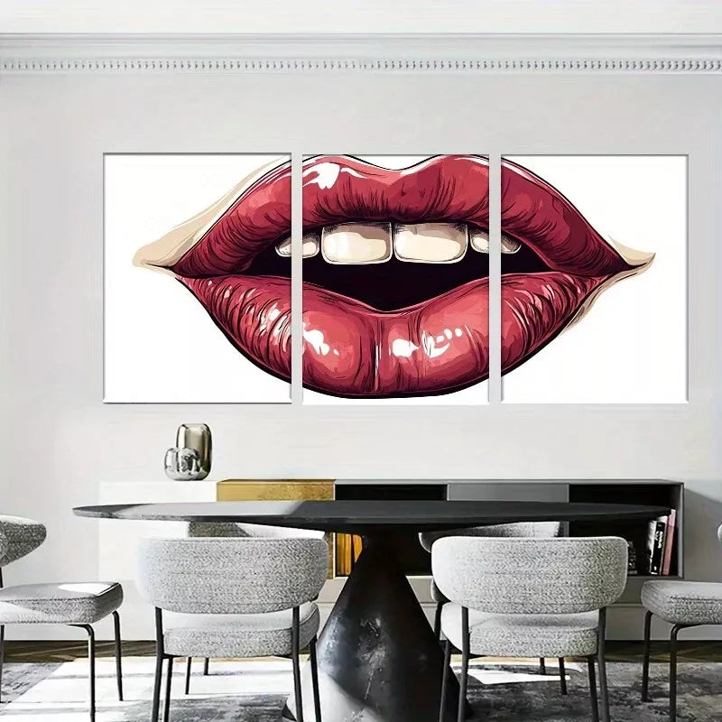 3pcs Trendy Fashion Modern Pop Art Bold Red Lips Wall Art Set Canvas Framed 40x60cm - High Quality Print 100% Australian Made Wall Canvas Ready to Hang