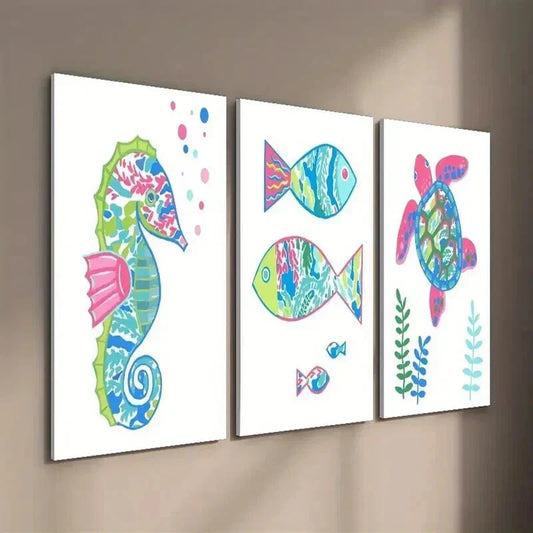 3pcs Style Seahorse Fish and Turtle Painting Wall Art Set Canvas Framed 40x60cm - High Quality Print 100% Australian Made Wall Canvas Ready to Hang