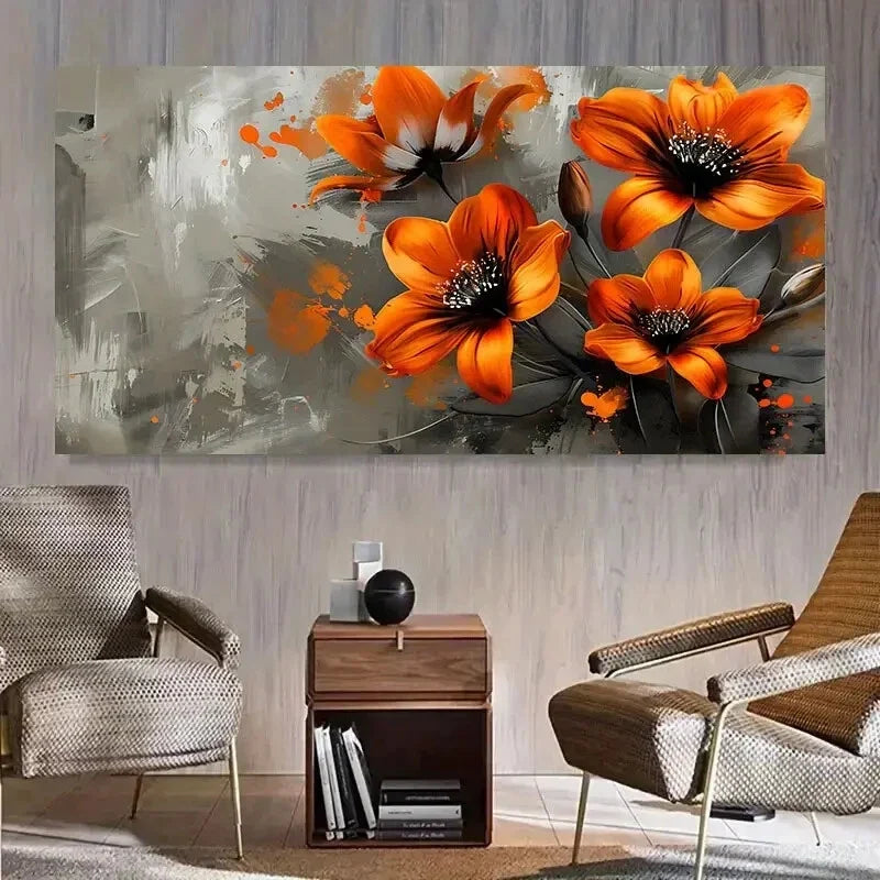 Vibrant Orange Flowers & Gray Wall Art Canvas Office Home Room Framed 120x60cm