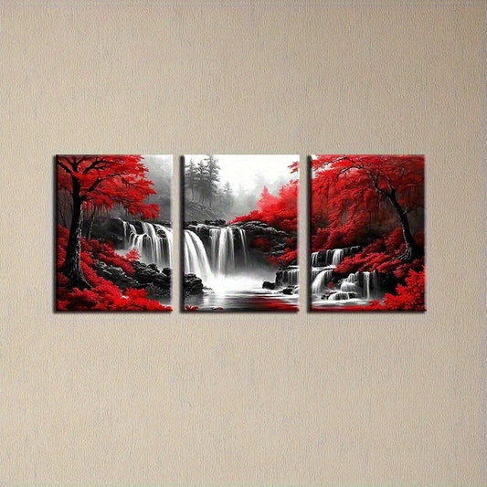 3pcs Vivid Red Tree Waterfall Metal Print Ready to Hang Art