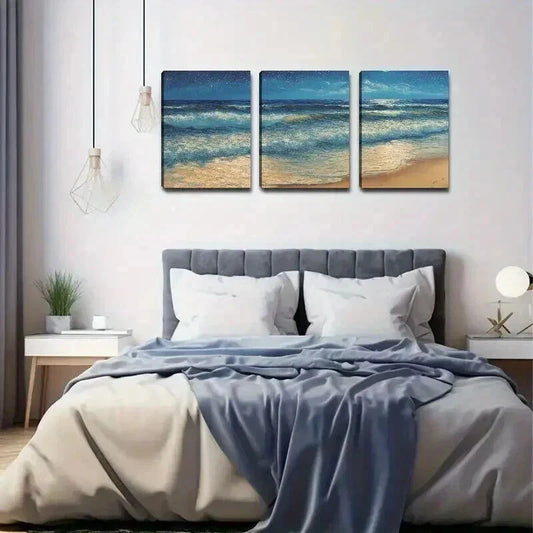 3pcs Ocean Waves & Night Seascape Painting Wall Art Set Canvas Framed 40x60cm - High Quality Print 100% Australian Made Wall Canvas Ready to Hang