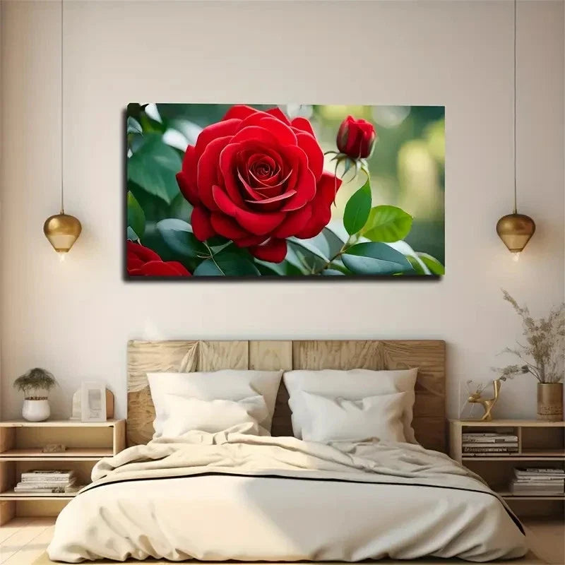 Blooming Deep Red Rose Wall Art Canvas Office Home Room Framed 80x45cm
