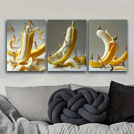 3pcs The Little Man Climbed On The Banana Wall Art Set Canvas Framed 40x60cm - High Quality Print 100% Australian Made Wall Canvas Ready to Hang