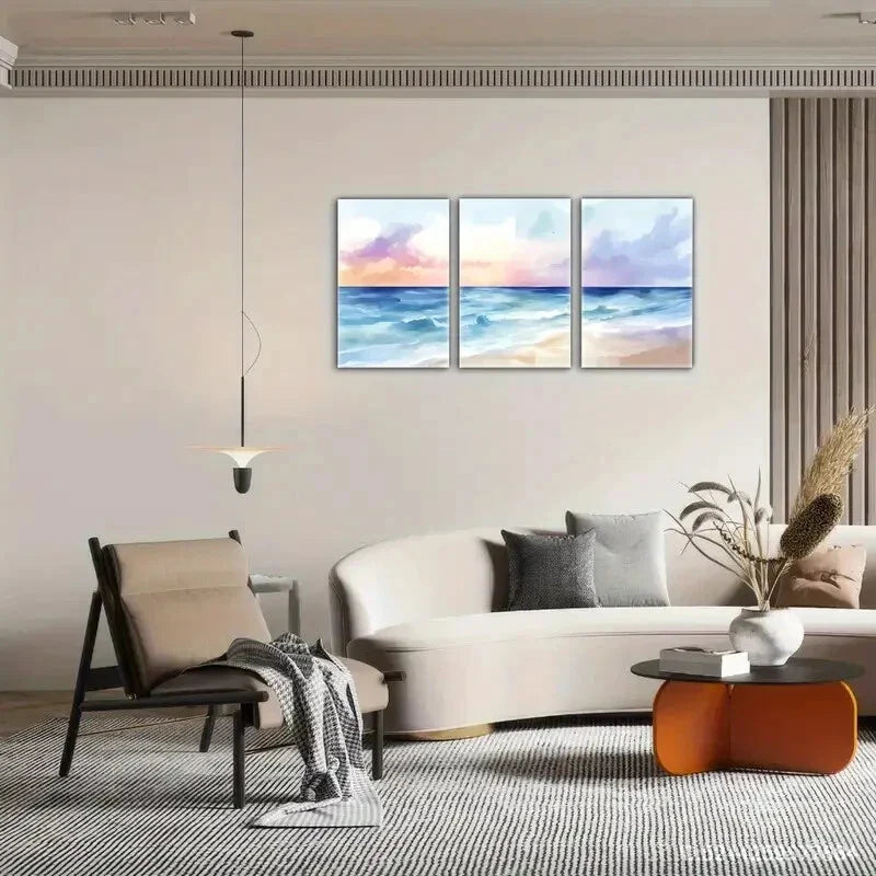 3pcs Pastel Ocean Sunset Watercolor Style Metal Print Ready to Hang Art