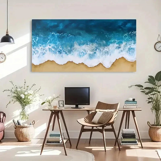Ocean Waves and Sandy Beach Wall Art Canvas Office Home Room Framed 80x45cm