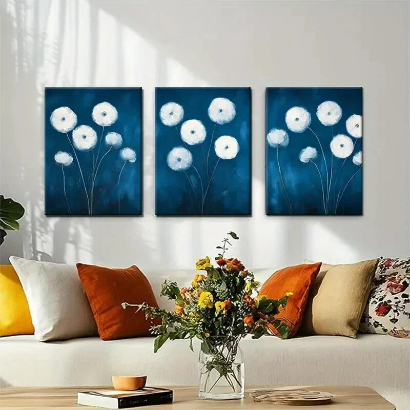3pcs Elegant Blue and White Flower Perfect Wall Art Set Canvas Framed 40x60cm - High Quality Print 100% Australian Made Wall Canvas Ready to Hang