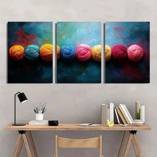 3pcs Vibrant Colorful Yarn Balls Metal Print Ready to Hang Art