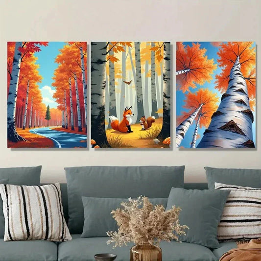 3pcs Autumn Forest Scene Fox and Squirrels Tree Wall Art Set Canvas Framed 40x60cm - High Quality Print 100% Australian Made Wall Canvas Ready to Hang