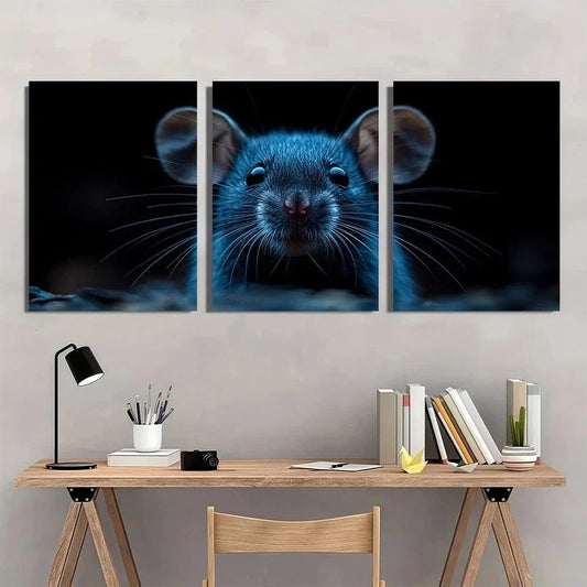3pcs Abstract Vibrant Blue Mouse Metal Print Ready to Hang Art