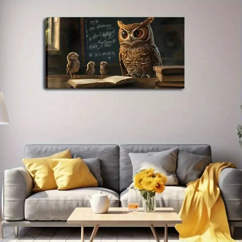 Owl and Youngsters Design Wall Art Canvas Office Home Room Framed 120x60cm