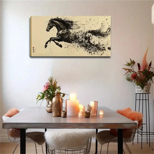 A Dark Horse Running Abstract Wall Art Canvas Office Home Room Framed 120x60cm