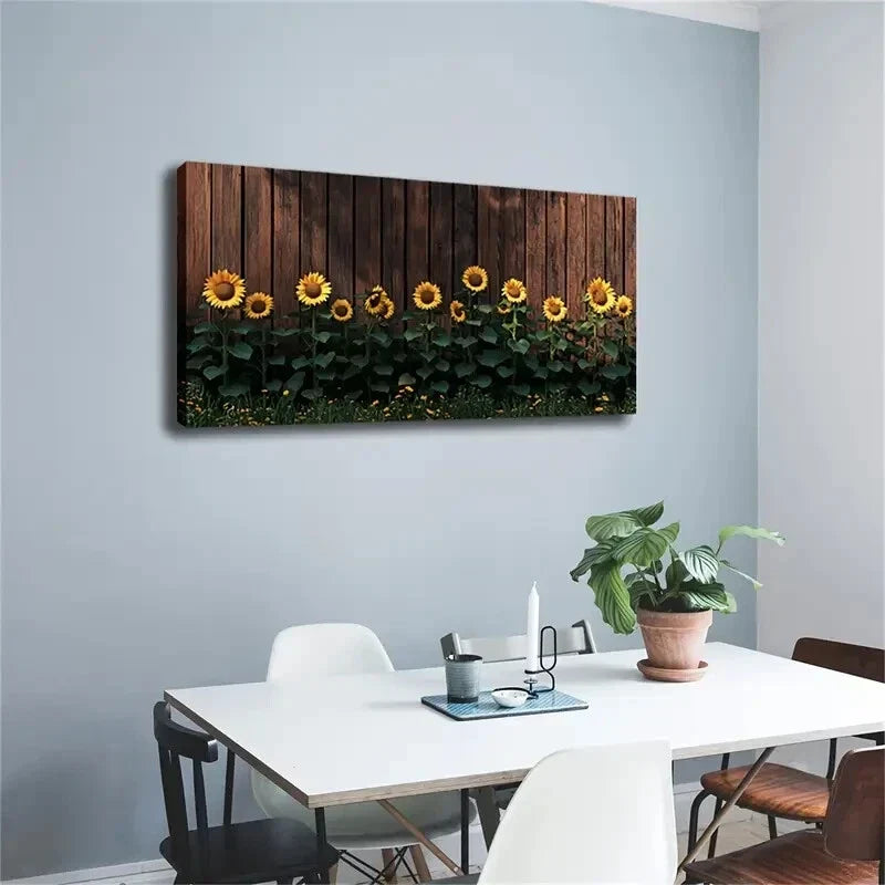 Vibrant Sunflowers on Dark Wood Wall Art Canvas Office Home Room Framed 80x45cm