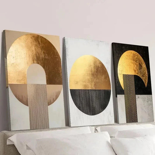 3pcs Golden and Copper Geometric Abstract Wall Art Set Canvas Framed 40x60cm - High Quality Print 100% Australian Made Wall Canvas Ready to Hang